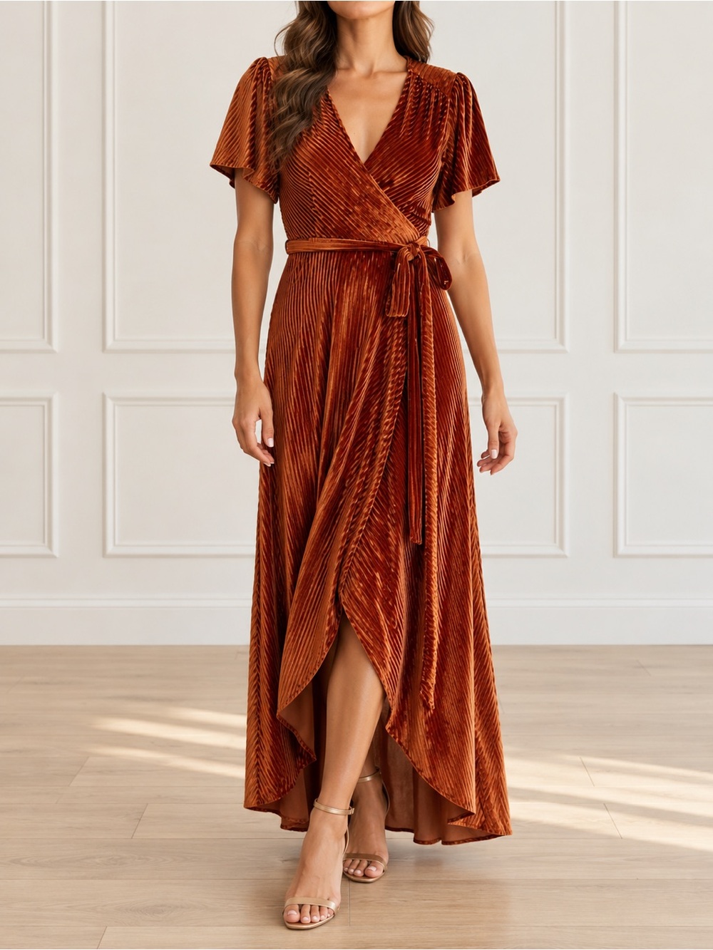 NWT Baltic Born Andi Dress Sz XXL Copper Ribbed Velvet Wrap Maxi Flutter Sleeve
